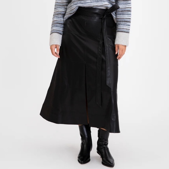 Tanya Taylor Vegan Leather Hudson Skirt with Tie Waist and Center Slit Black